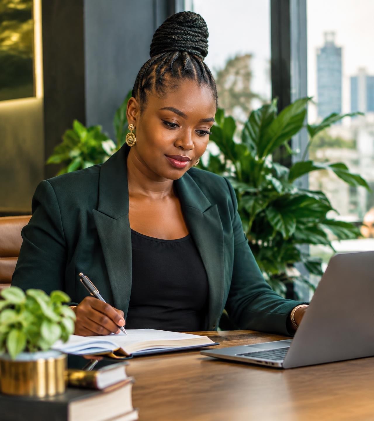 Kenyan entrepreneur planning her business strategy with a notebook and laptop